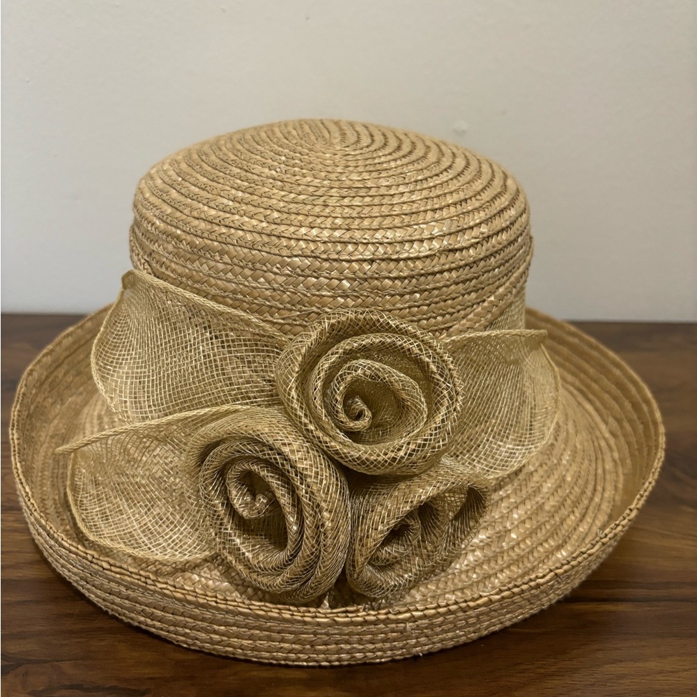 Betmar Tan Straw Hat with Rosette Accents
